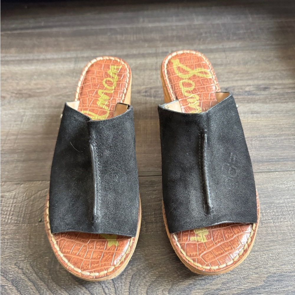Sam Edelman Black Suede Wedge Mules - Picture 2 of 7